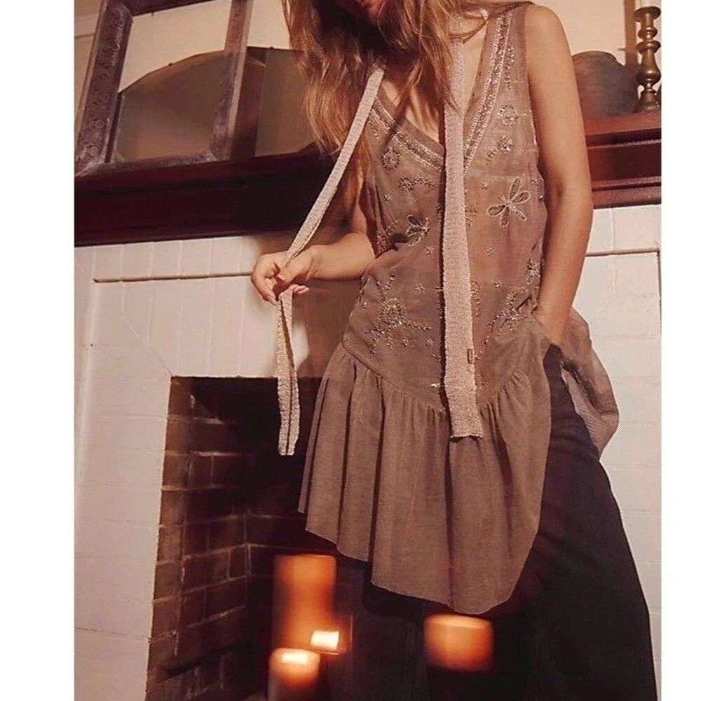 Free People Intimately Nightcap Embellished Slip Mini Dress Sheer BrownXS 290071